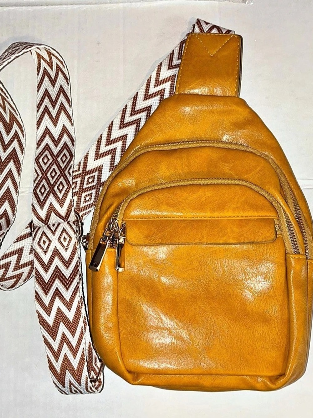 Faux Leather Crossbody Satchel/ Purse Mustard Yellow Geometric Strap